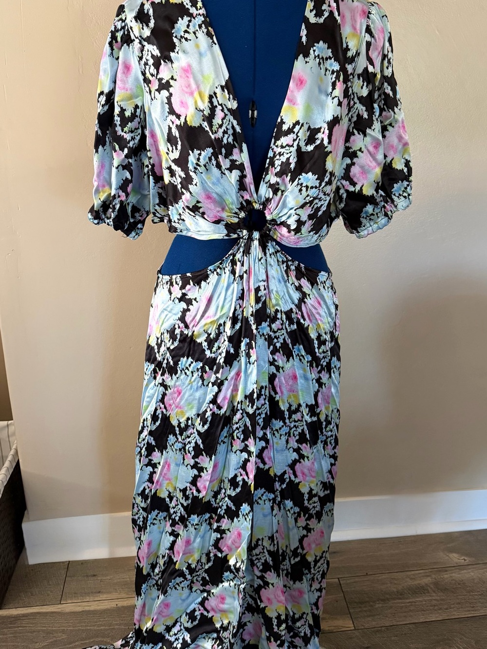 Topshop US 14 Black Blue Pink Floral Cutout Maxi Dress Tie Front Short Sleeve